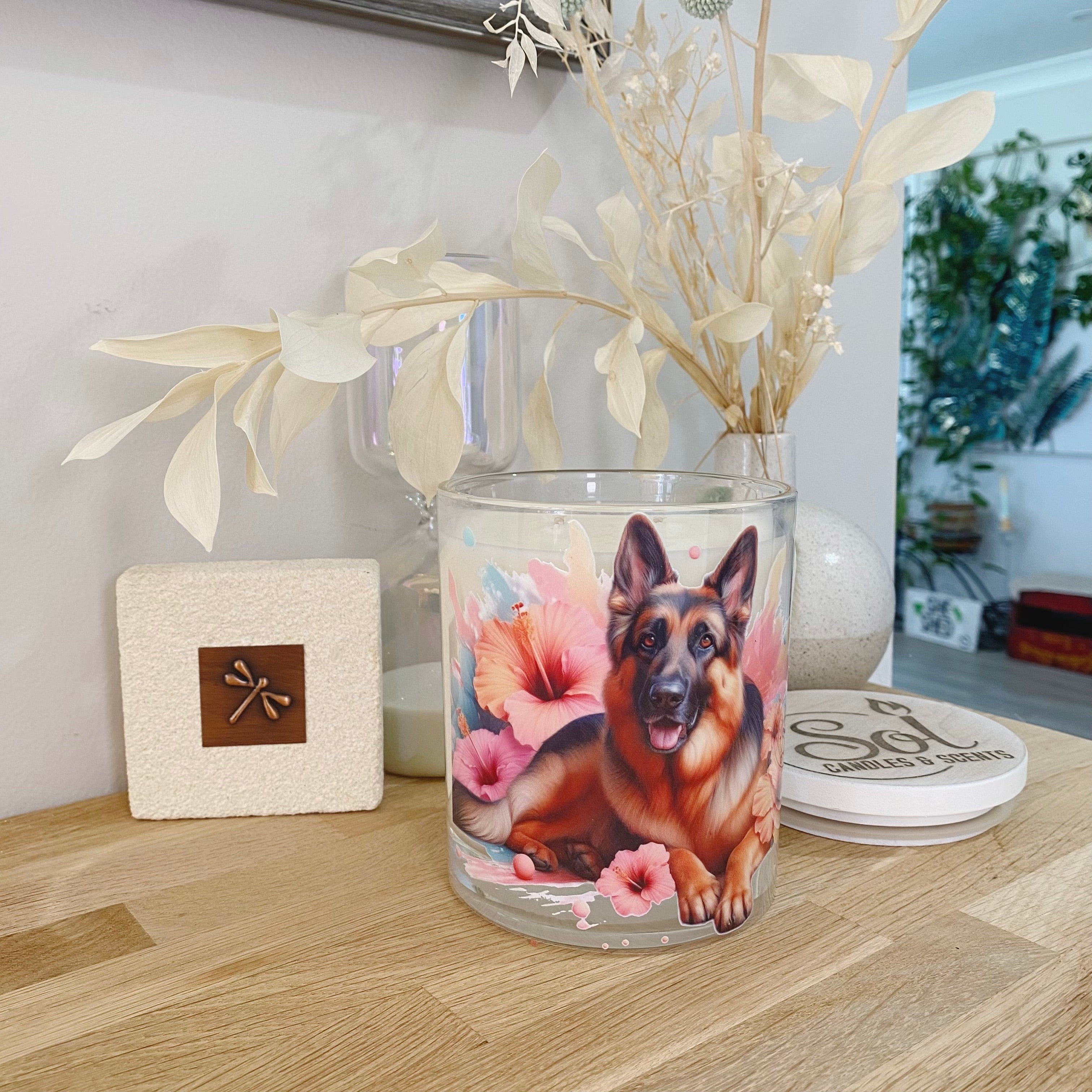 German Shepherd Peach Hibiscus Xlarge Candle