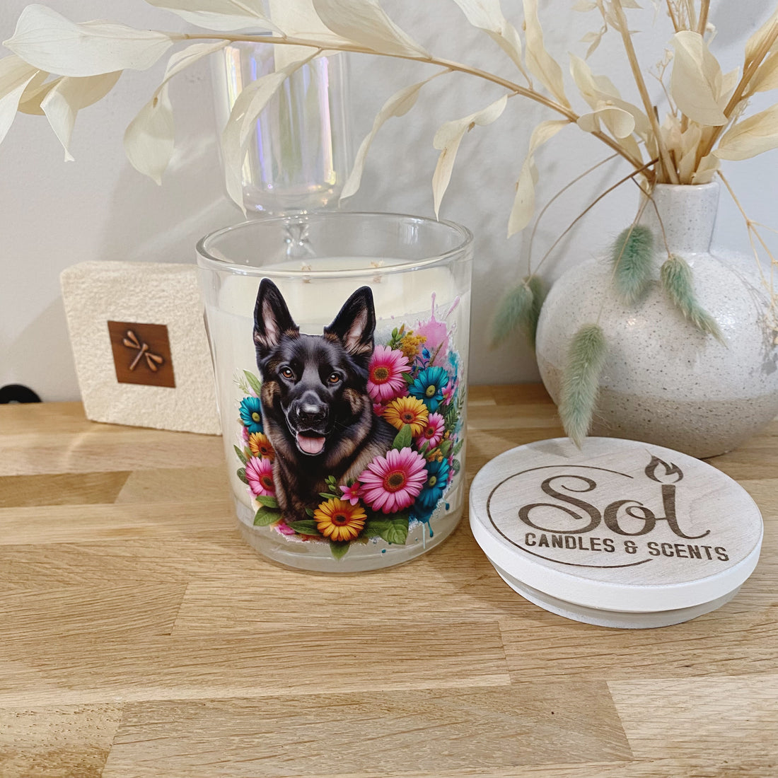 German Shepherd Sable Portrait Xlarge Candle_Daisy Flowers