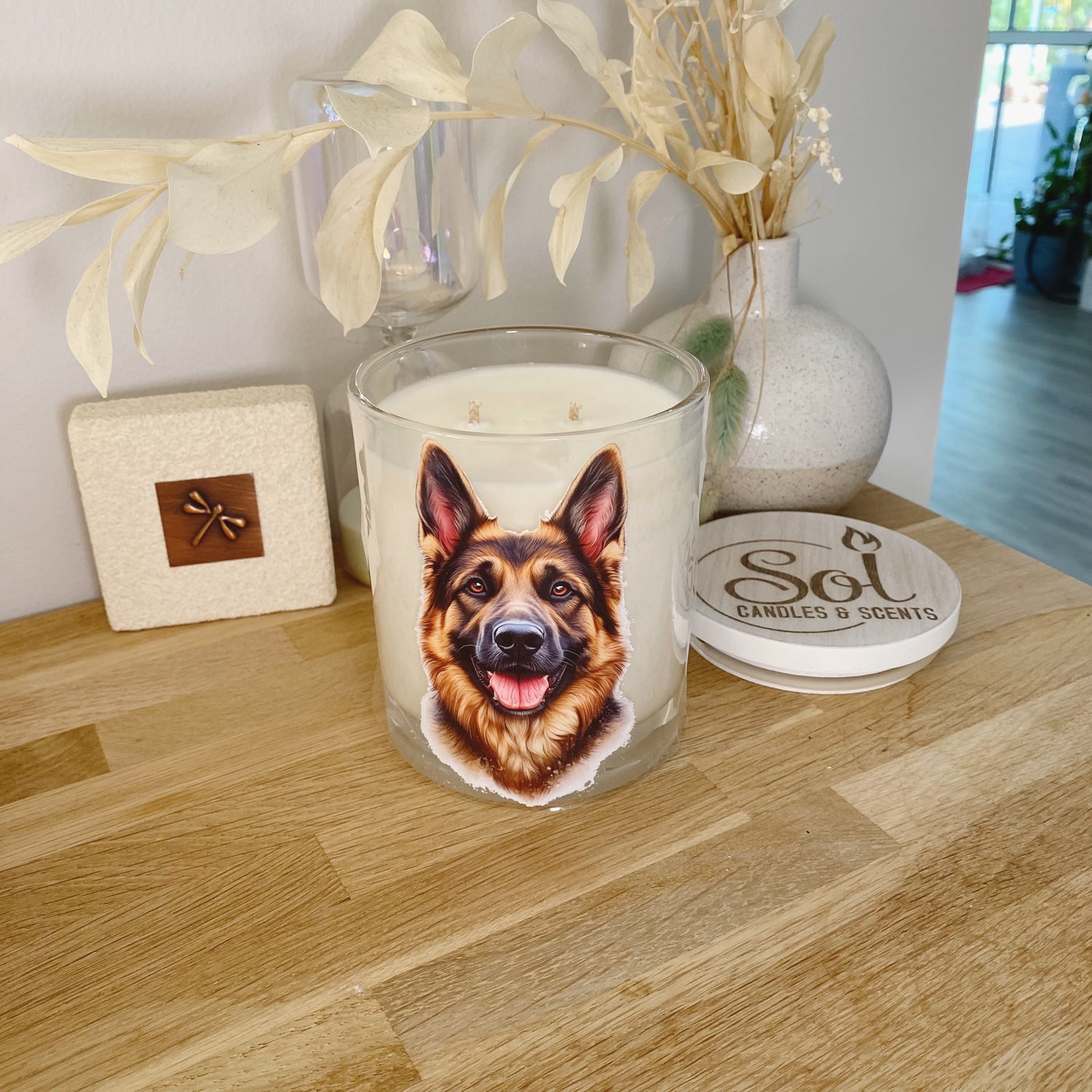 German Shepherd Smiling Portrait Xlarge Candle