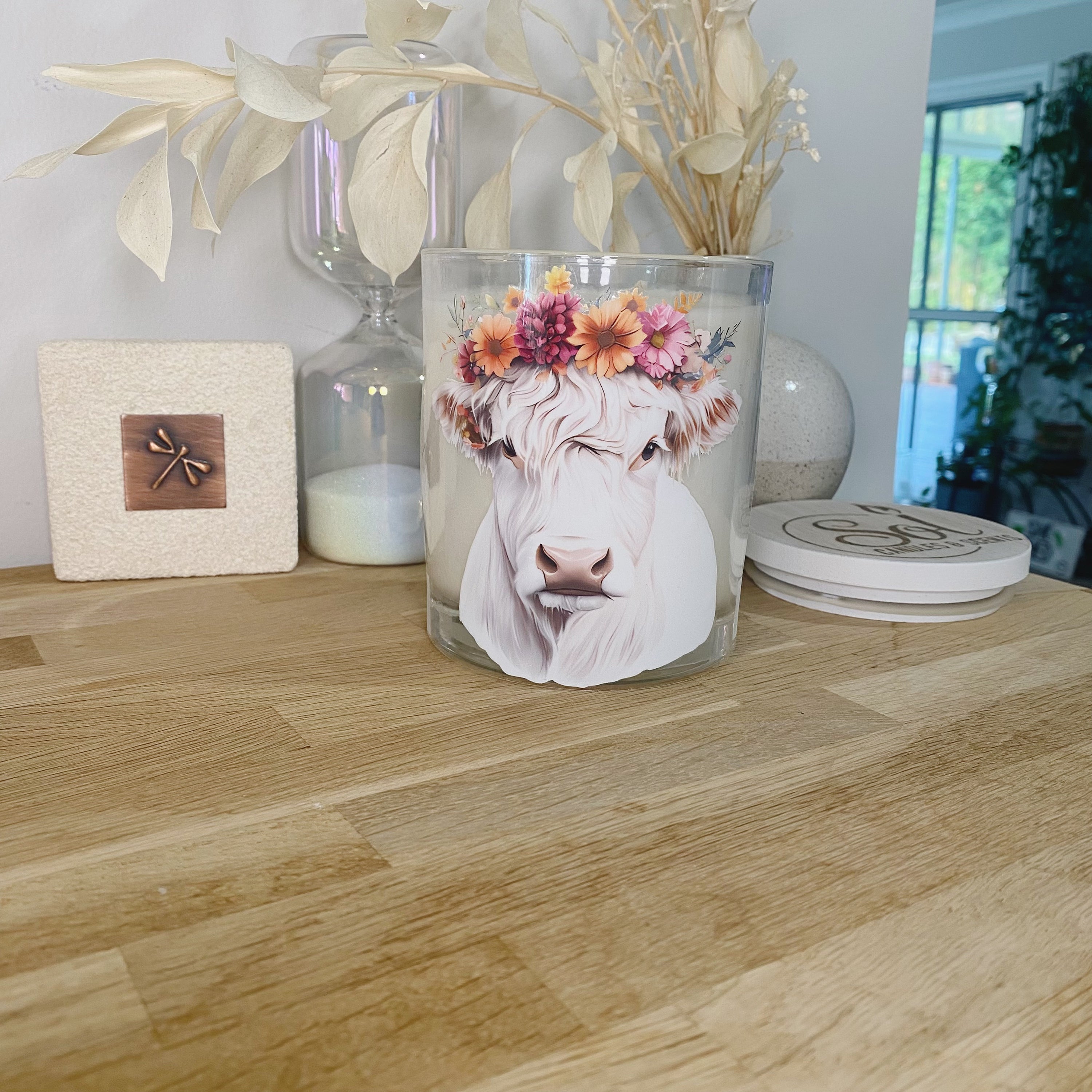 Highland Cow White Floral Xlarge Candle