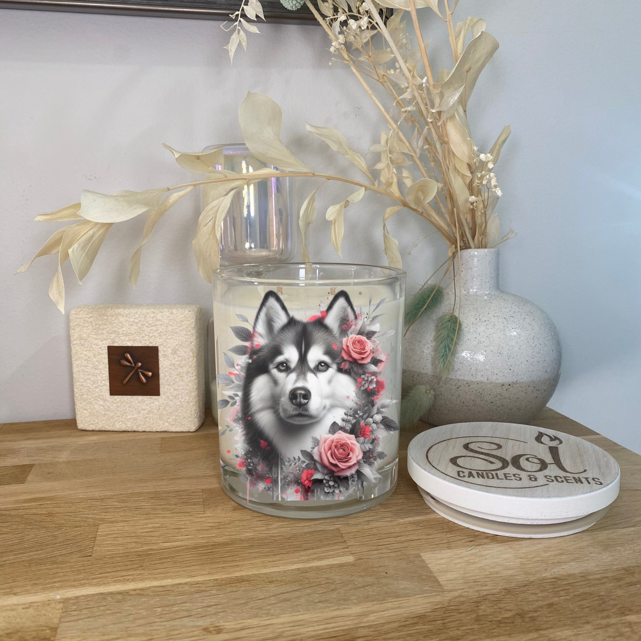 Siberian Husky Grey Roses Xlarge Candle