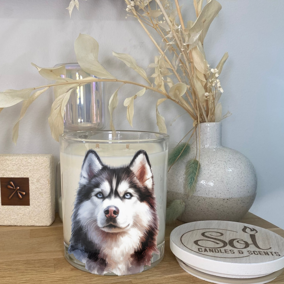 Husky Watercolour Blue Eyes Candle_Sol Candle Scents