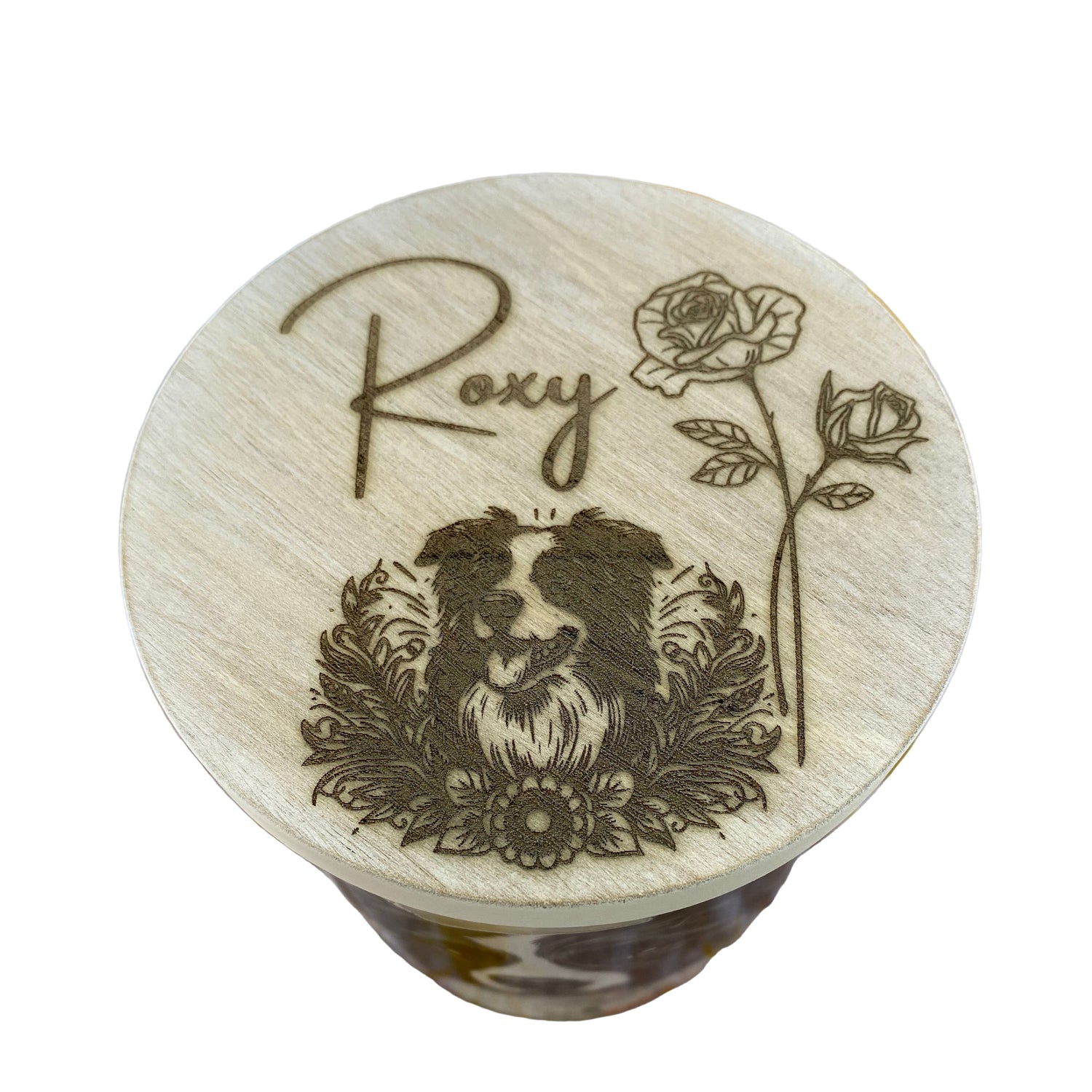 Engraved Candle Lid with Border Collie and Roses