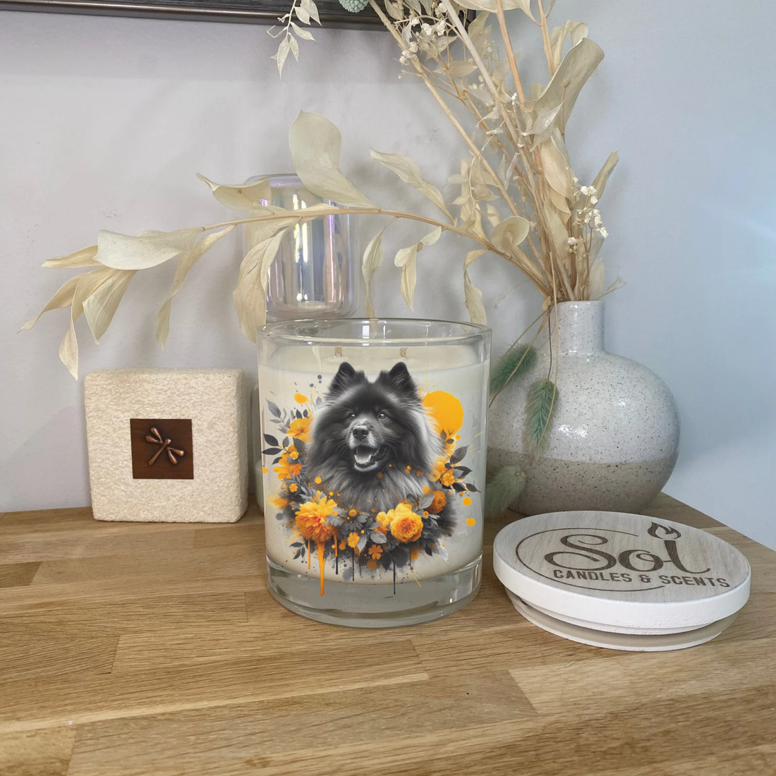 Keeshond Smiling Yellow Dog Xlarge Candle