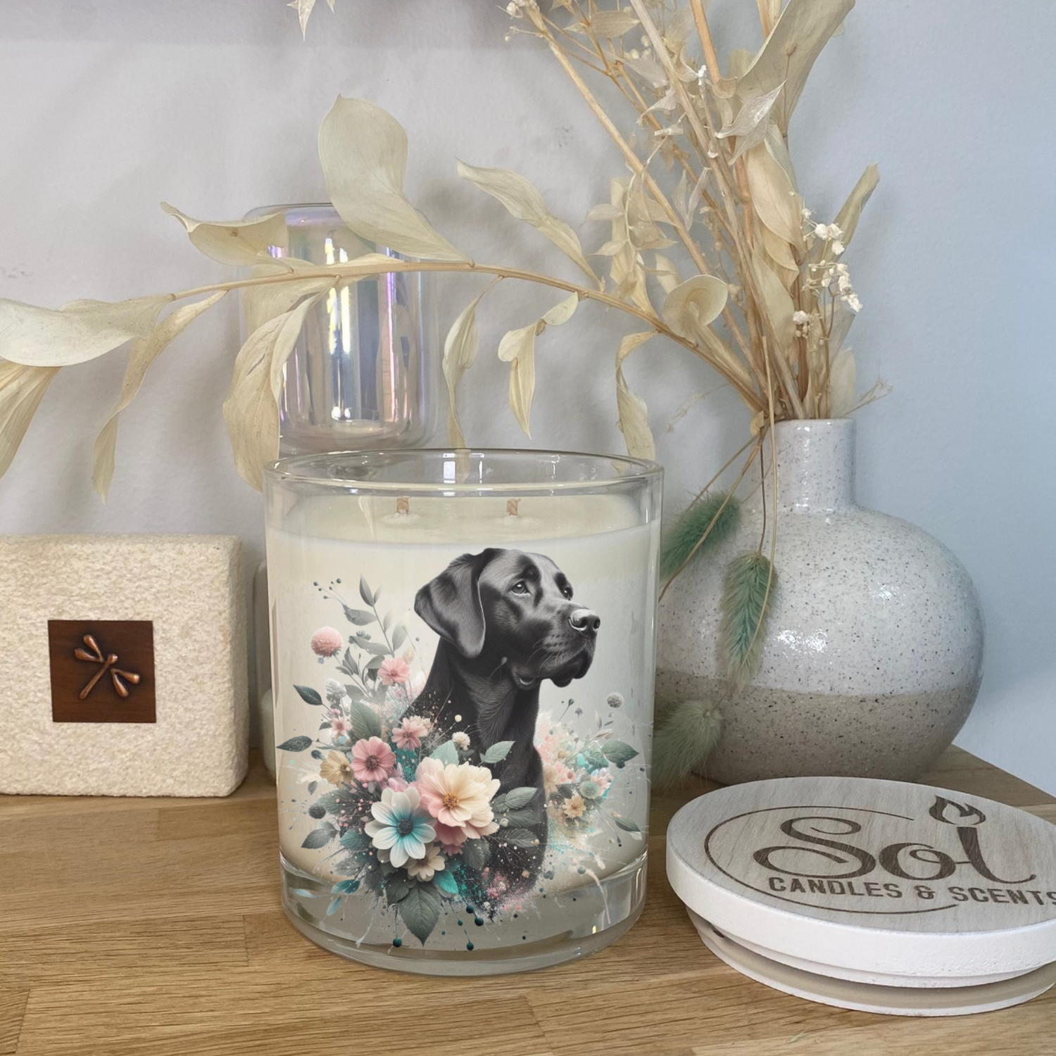 Labrador Black Dog Floral Xlarge Candle