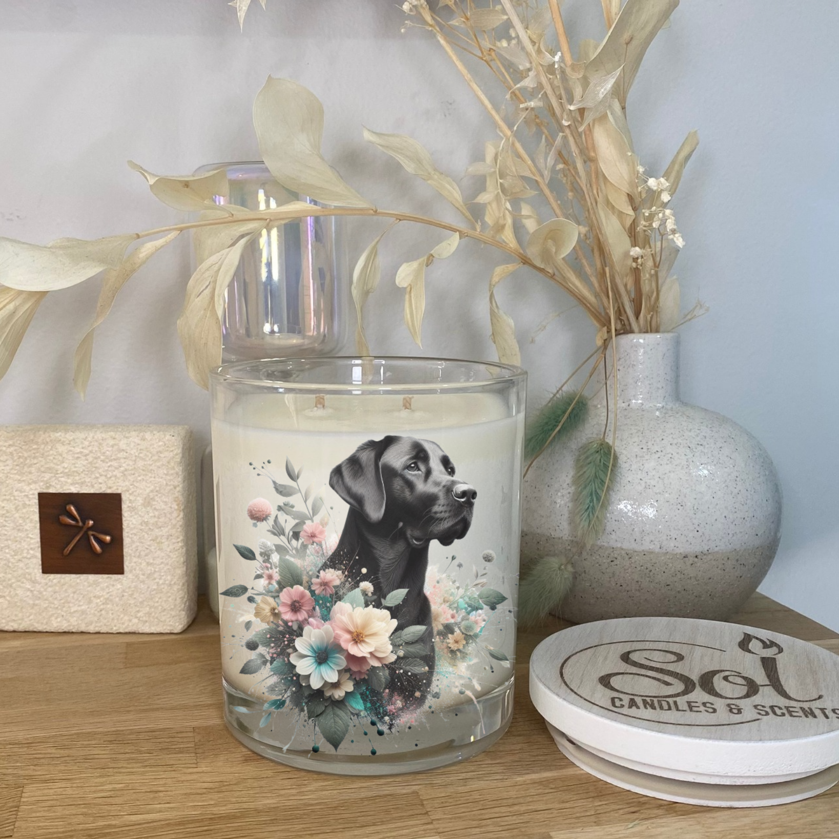 Labrador Black Dog Floral Xlarge Candle