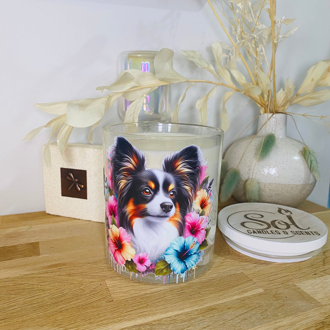 Papillon Tri Colour Dog Xlarge Candle