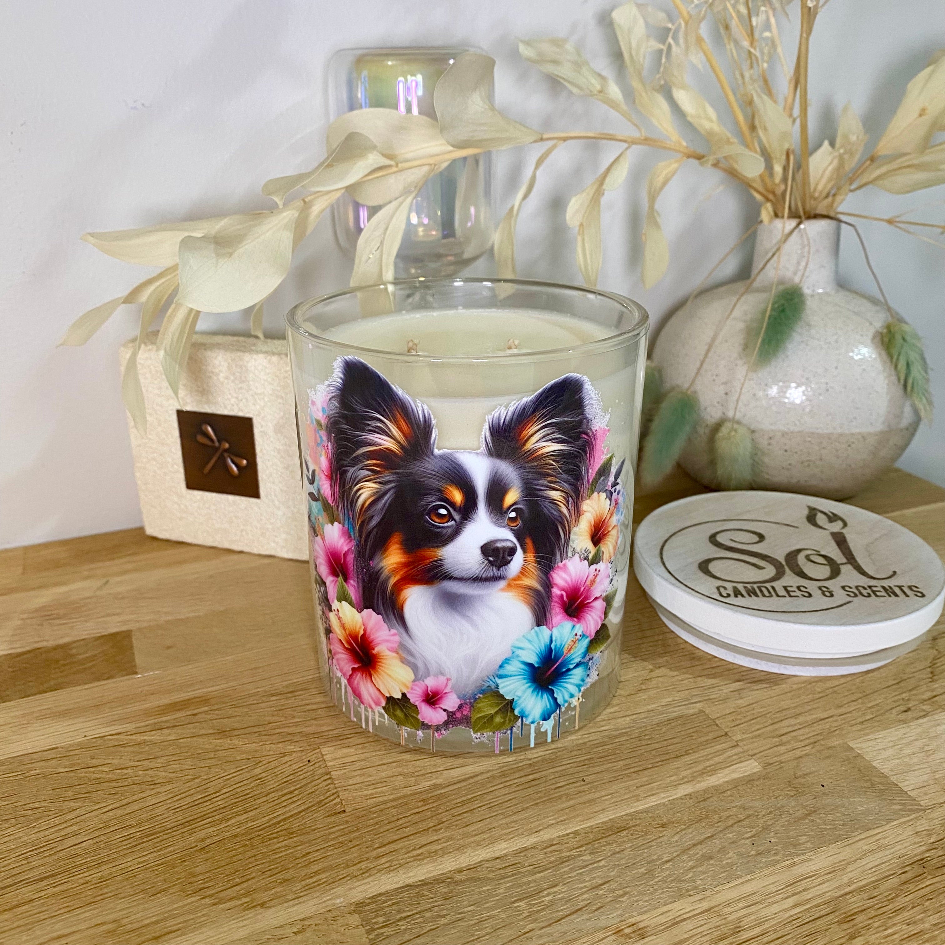 Papillon Tri Colour Dog Xlarge Candle_Refillable_Made in Queensland