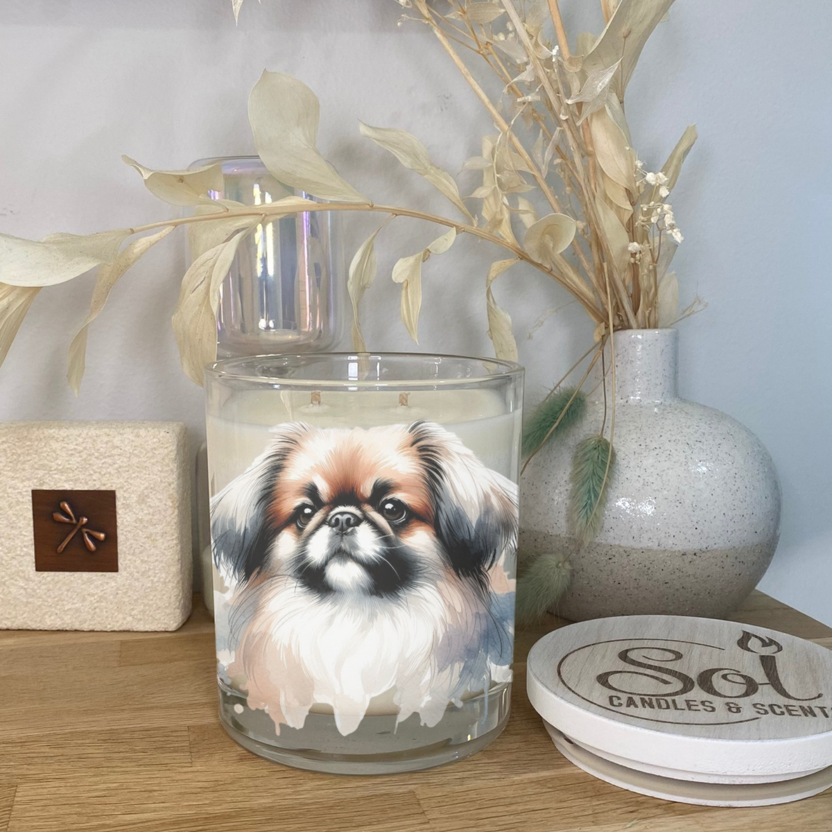 Pekingese Watercolour Dog Portrait placed onto a candle