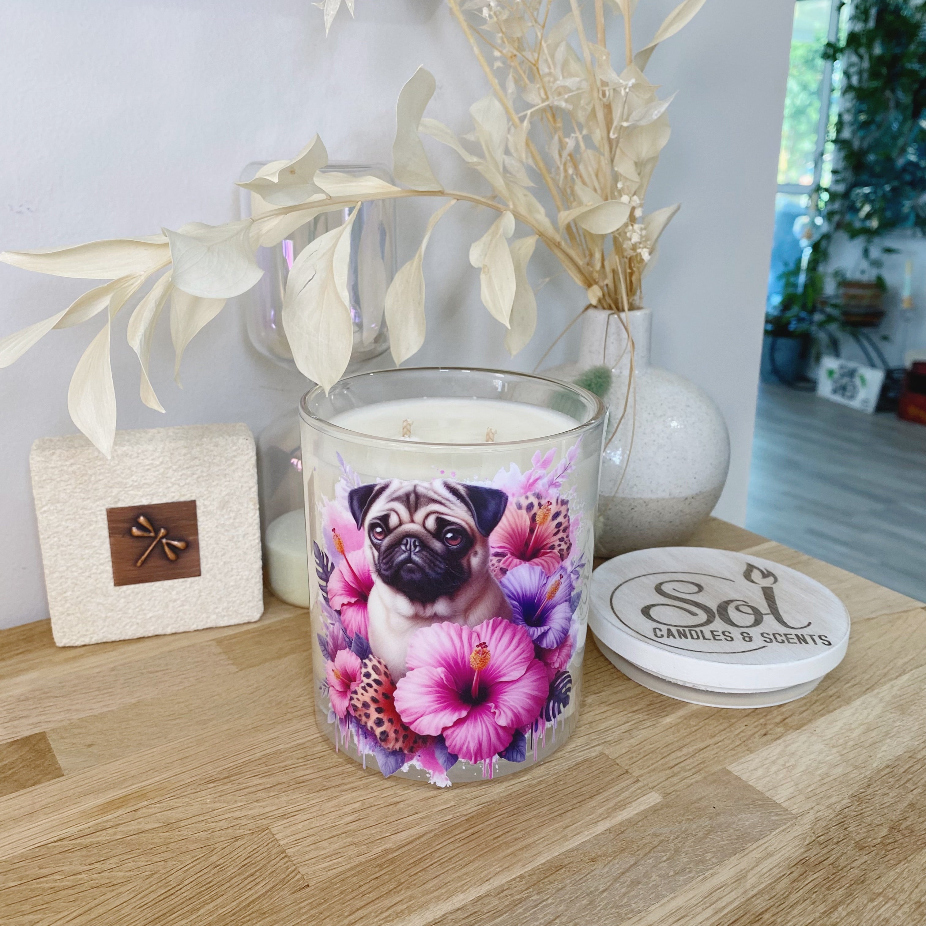 Pug Fawn Purple Hibiscus Xlarge Candle