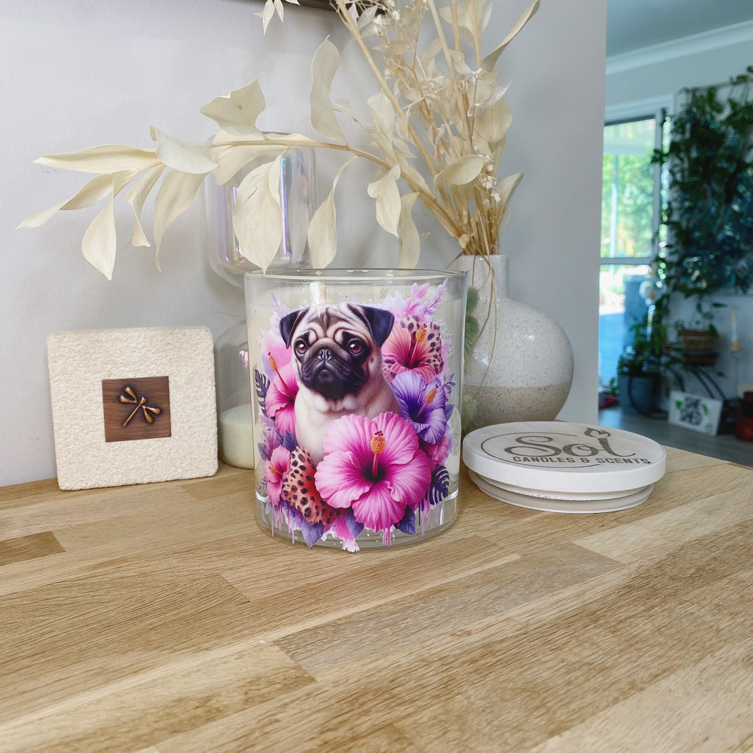 Pug Fawn Purple Hibiscus Xlarge Candle