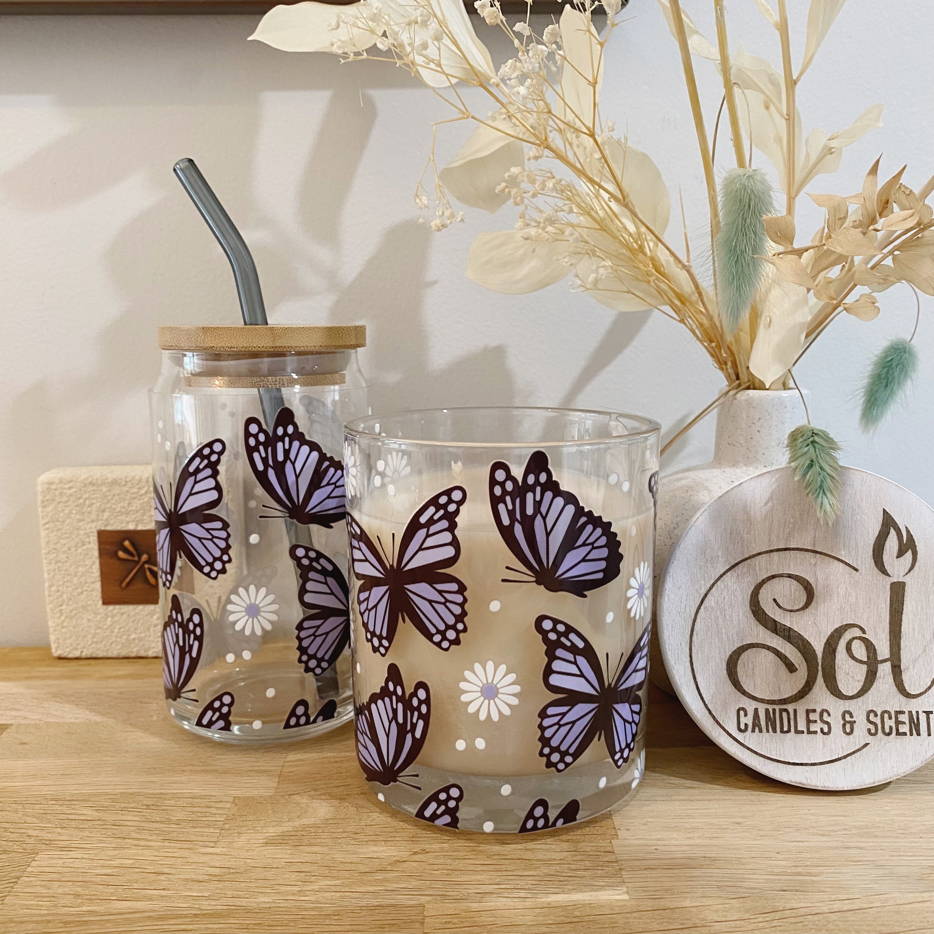 Purple Butterfly Glassware &amp; Candle Set