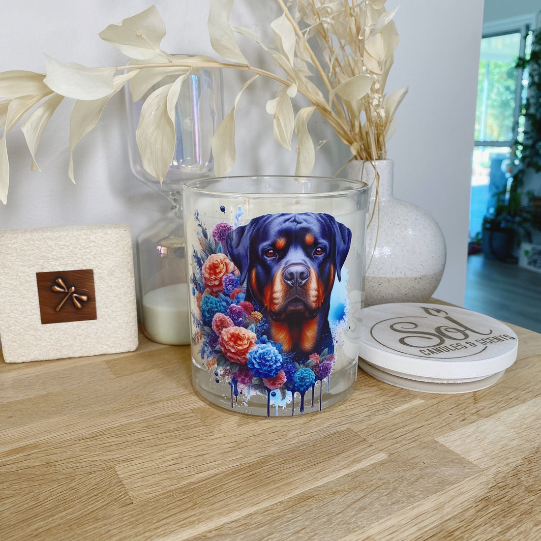 Rottweiler Blue Floral Xlarge Candle