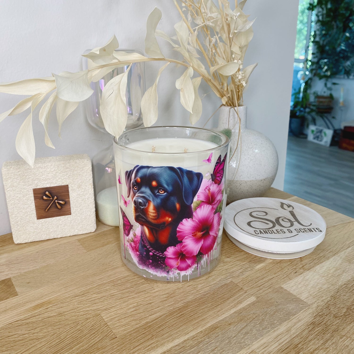 Rottweiler Pink Hibiscus Xlarge Candle
