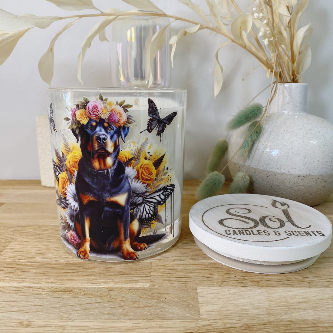 Rottweiler Sitting Yellow Xlarge Candle