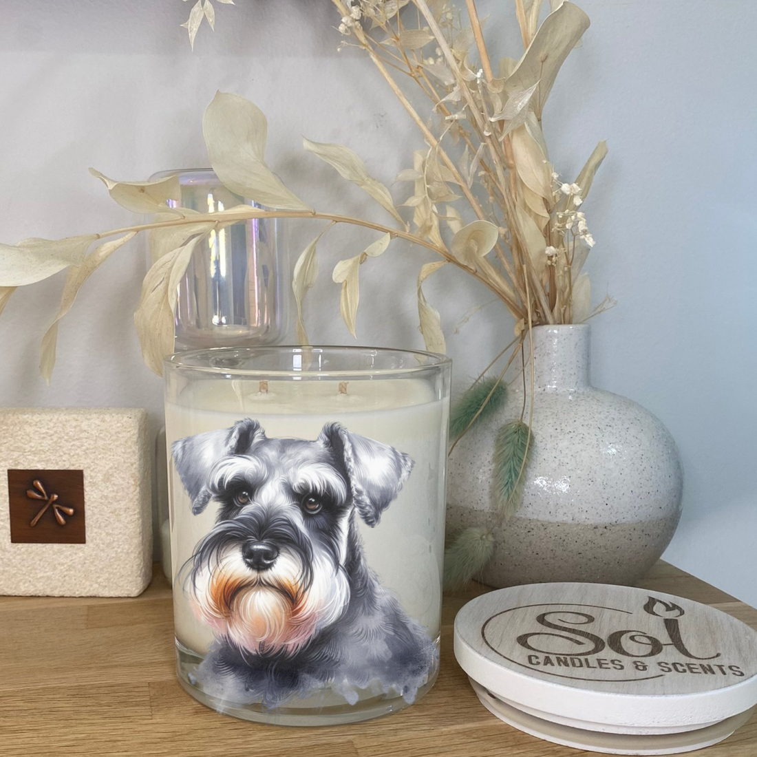 Grey Watercolour Schnauzer Dog on a Soy Candle