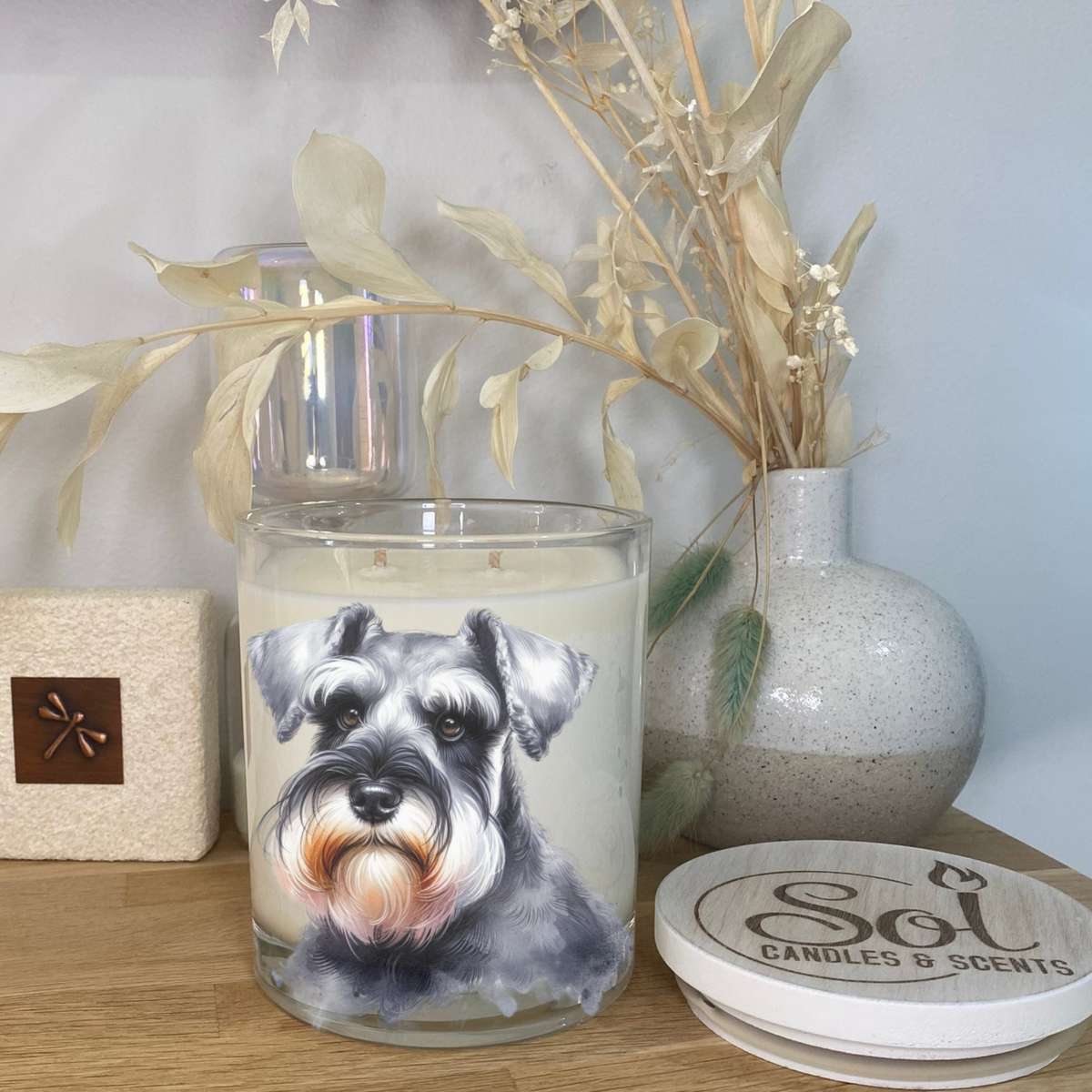Grey Watercolour Schnauzer Dog on a Soy Candle