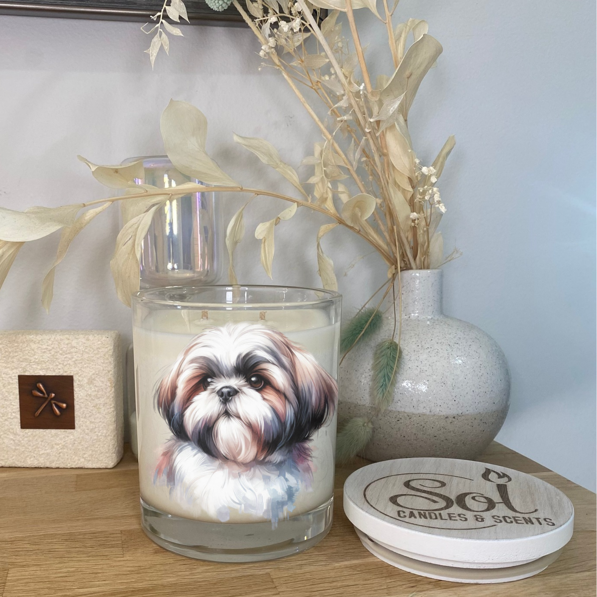 Shih Tzu Watercolour Dog Portrait placed onto a Soy Candle. Sol Candles &amp; Scents. 