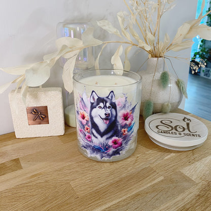 Candle with a Husky dog design, xlarge, refillable, made in Australia
