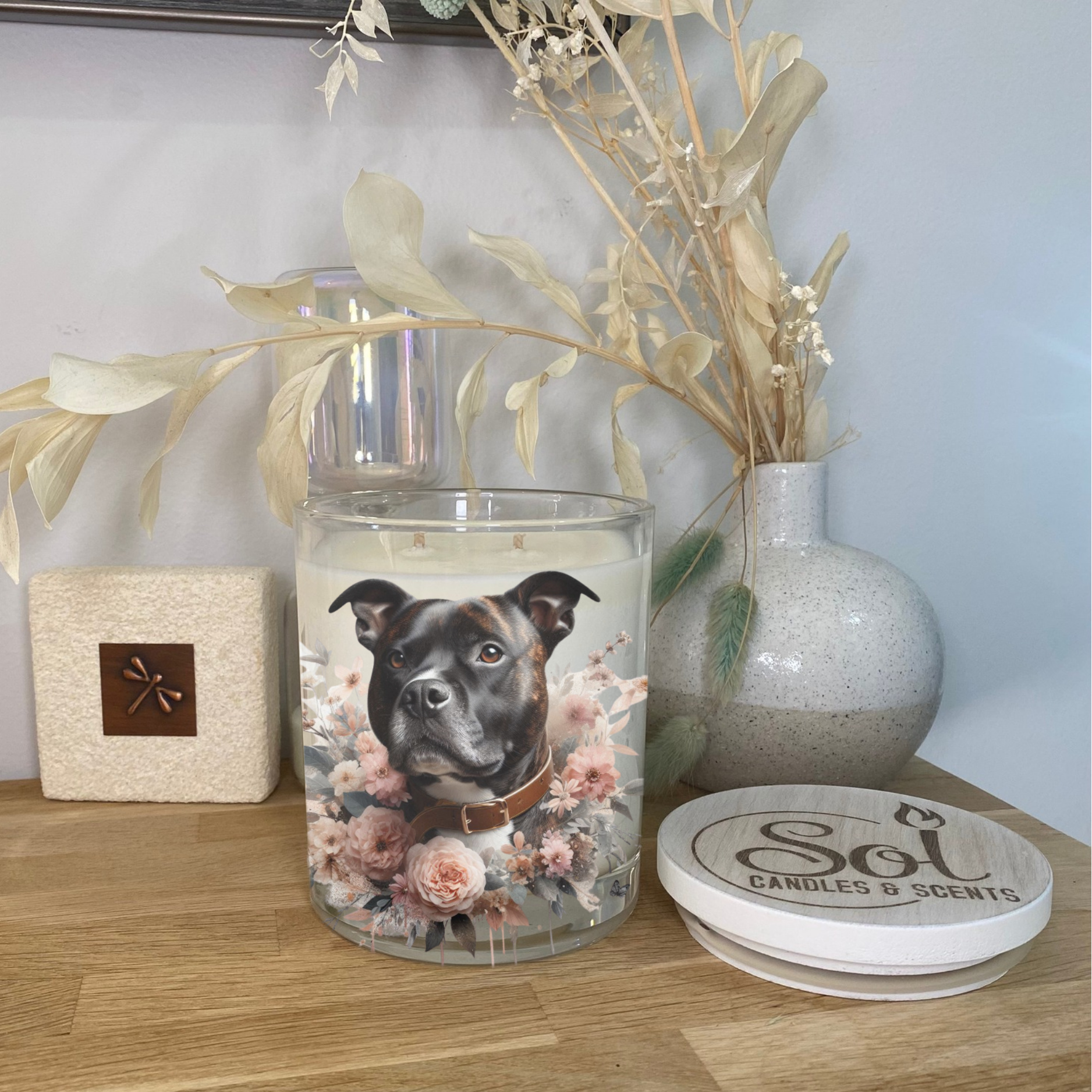 Staffy Brindle Pink Xlarge Candle_Refillable_Australian Made
