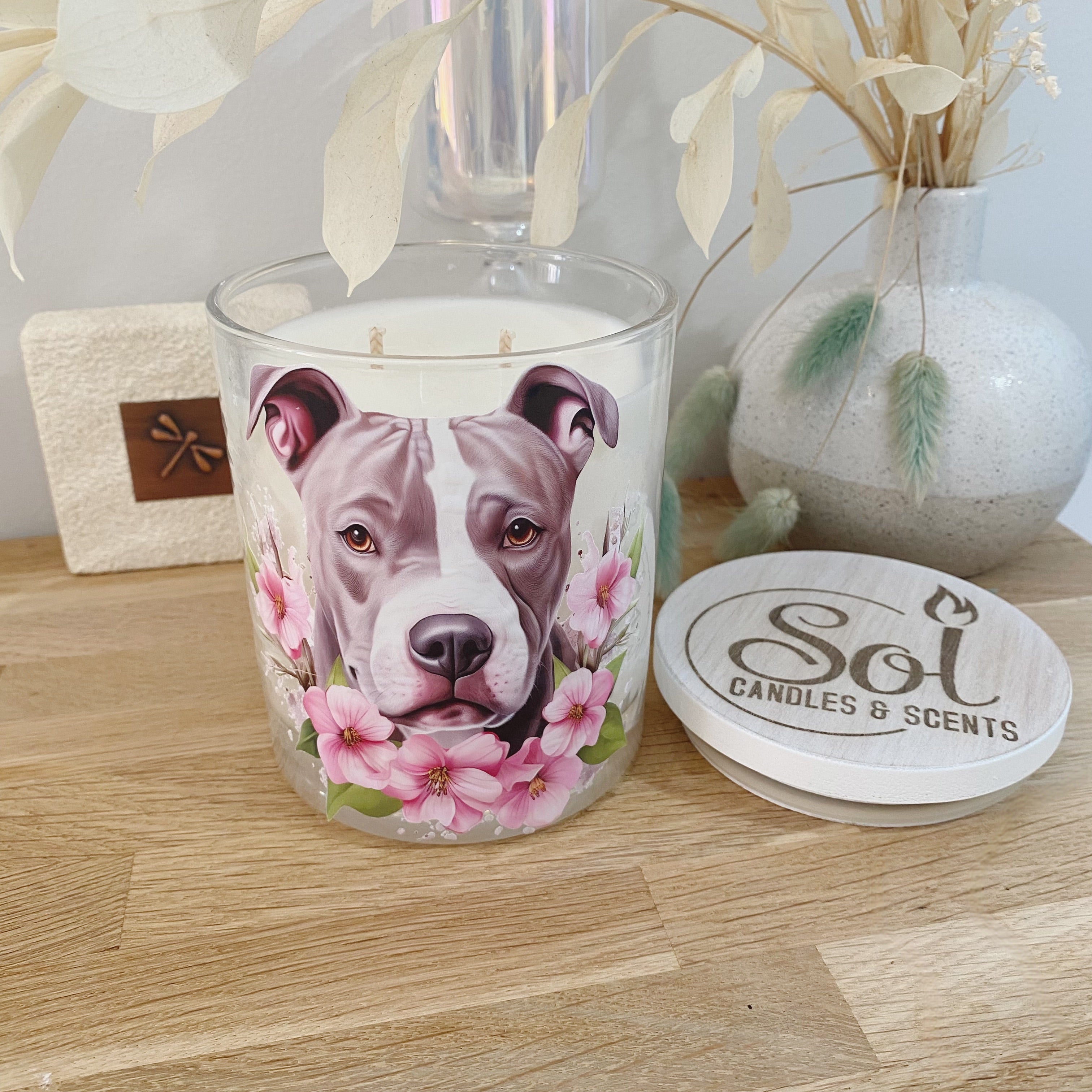 Staffy Pink Flowers Xlarge Candle