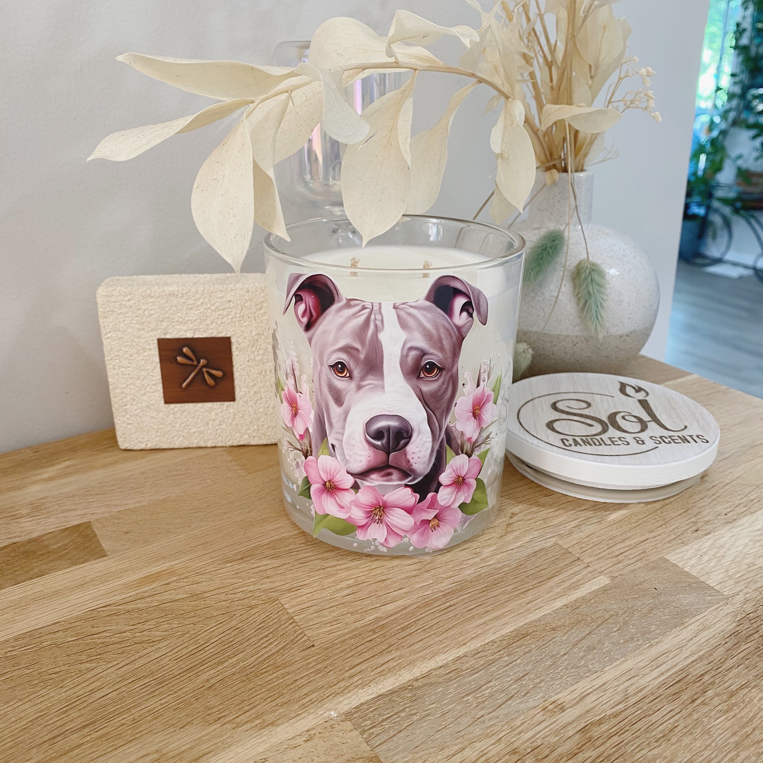Staffy Pink Flowers Xlarge Candle
