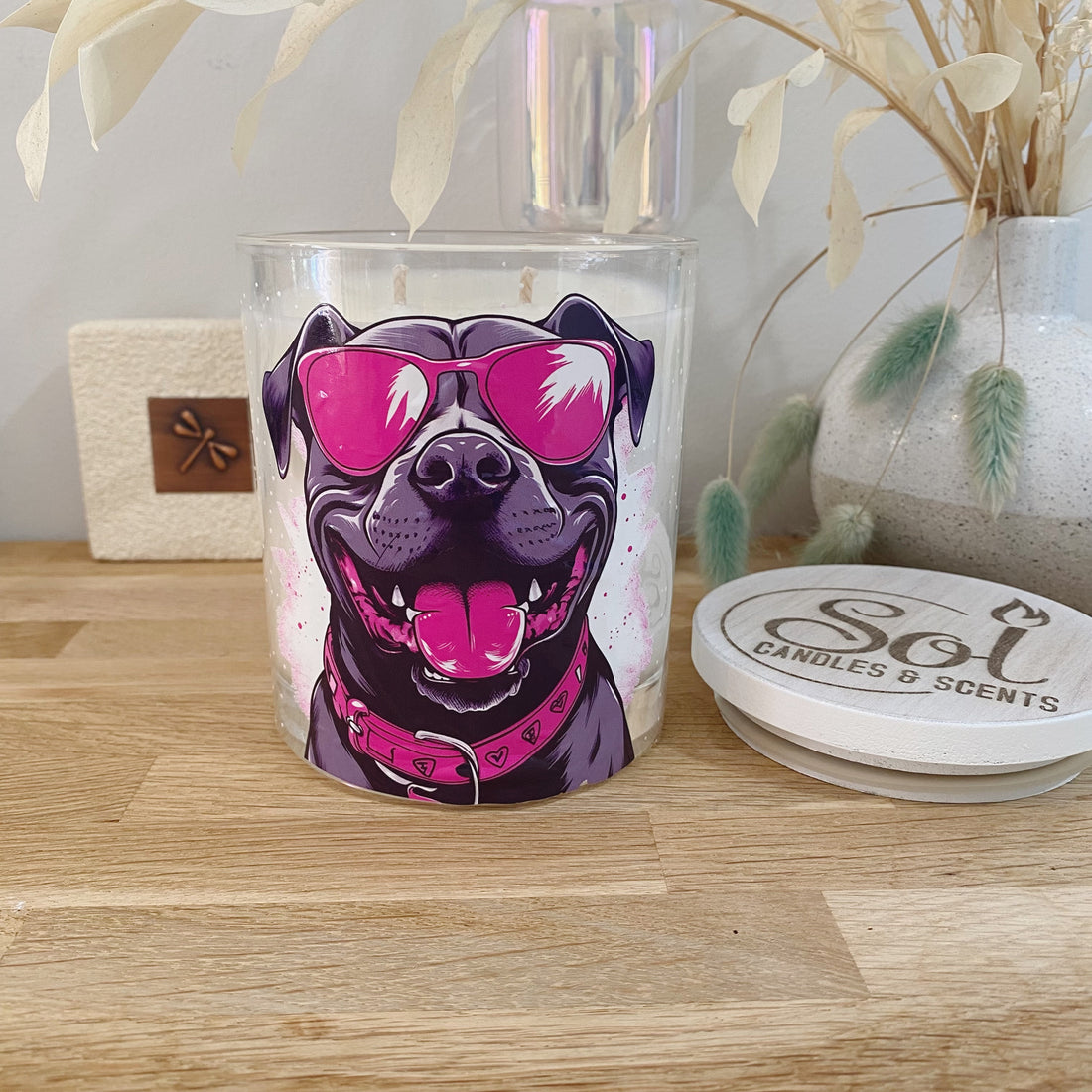 Staffy Wearing Pink Sunnies Xlarge Candle_Sol Candles &amp; Scents