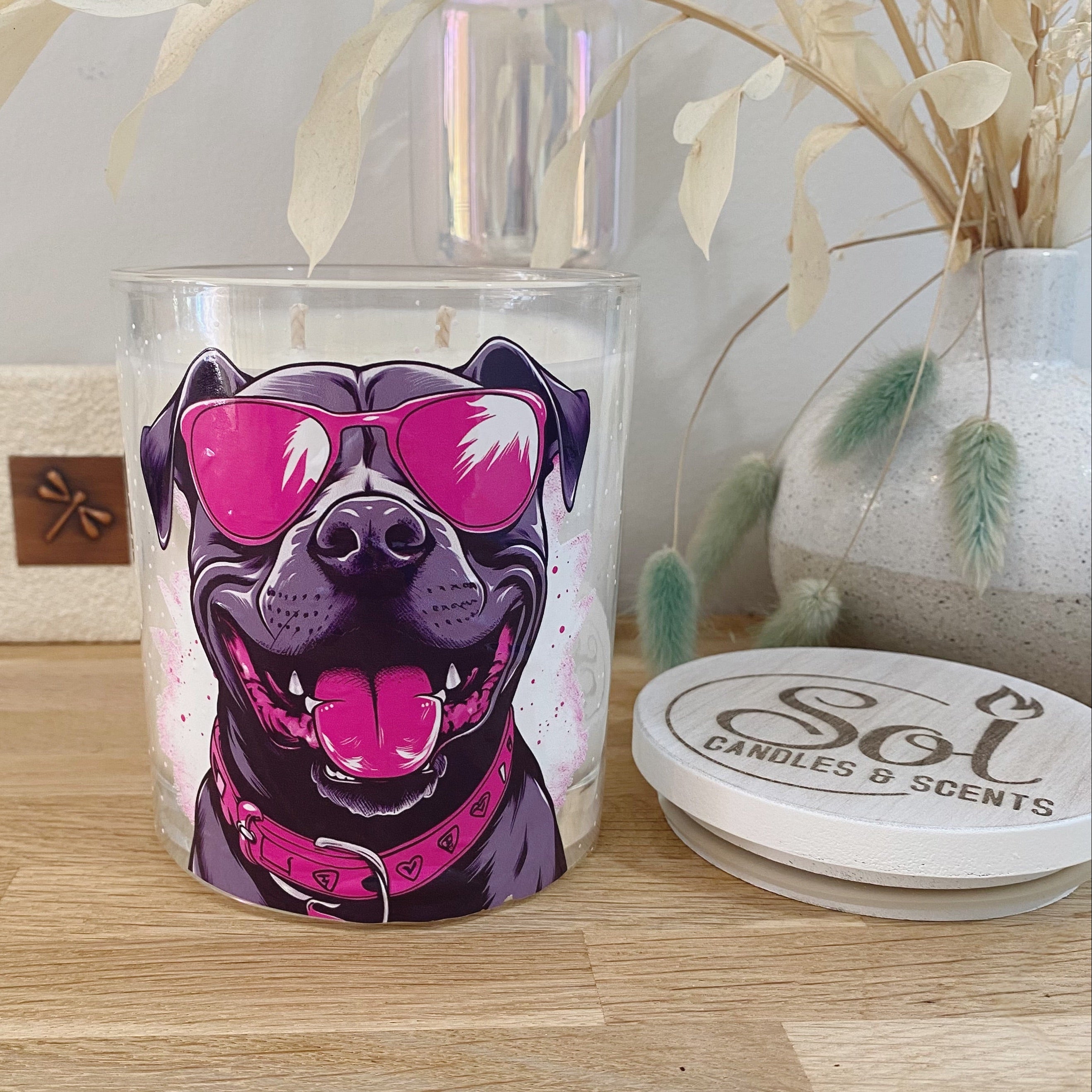 Staffy Wearing Pink Sunnies Xlarge Candle_Sol Candles &amp; Scents