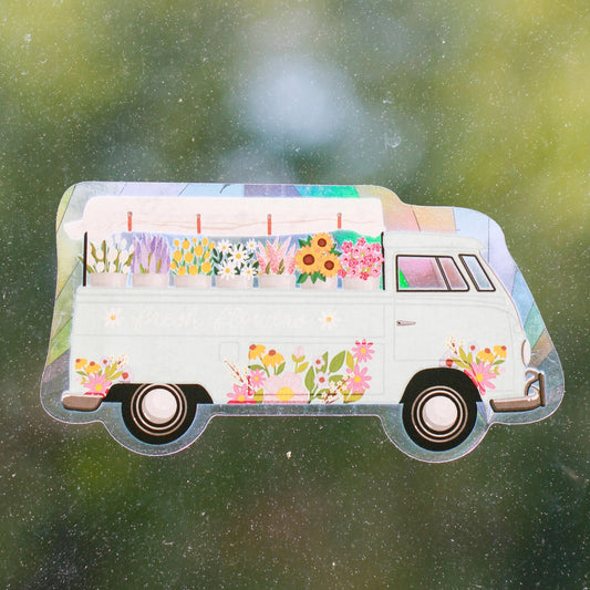 Flower Truck Sun Catcher Window Decal, 5x3 in